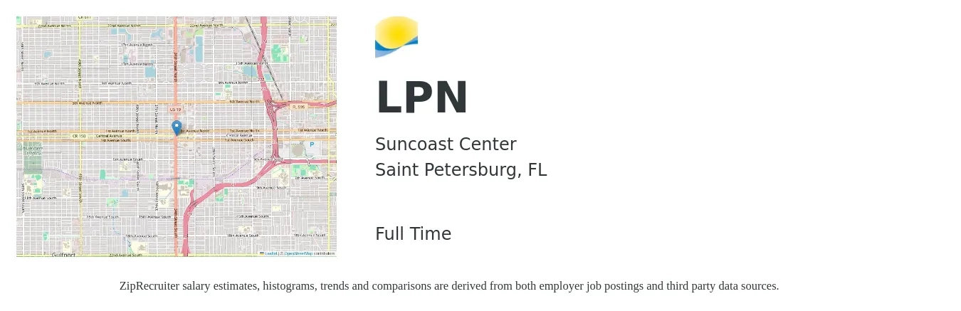 Suncoast Center job posting for a LPN in Saint Petersburg, FL with a salary of $24 to $34 Hourly with a map of Saint Petersburg location.
