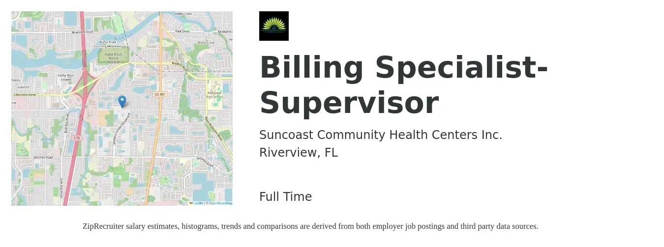 Suncoast Community Health Centers Inc. job posting for a Billing Specialist- Supervisor in Riverview, FL with a salary of $19 Hourly with a map of Riverview location.
