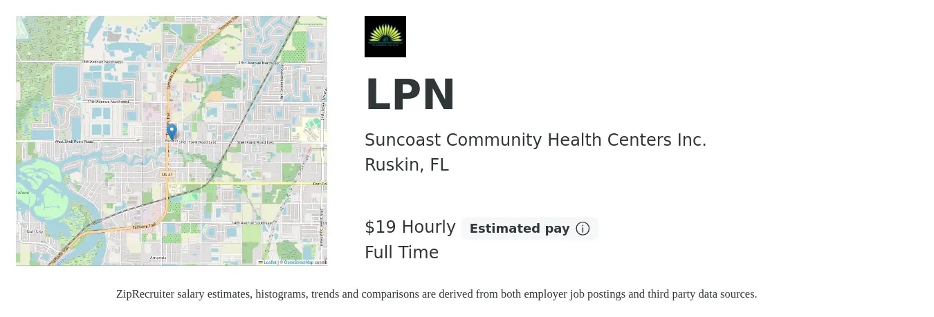Suncoast Community Health Centers Inc. job posting for a LPN in Ruskin, FL with a salary of $20 Hourly with a map of Ruskin location.