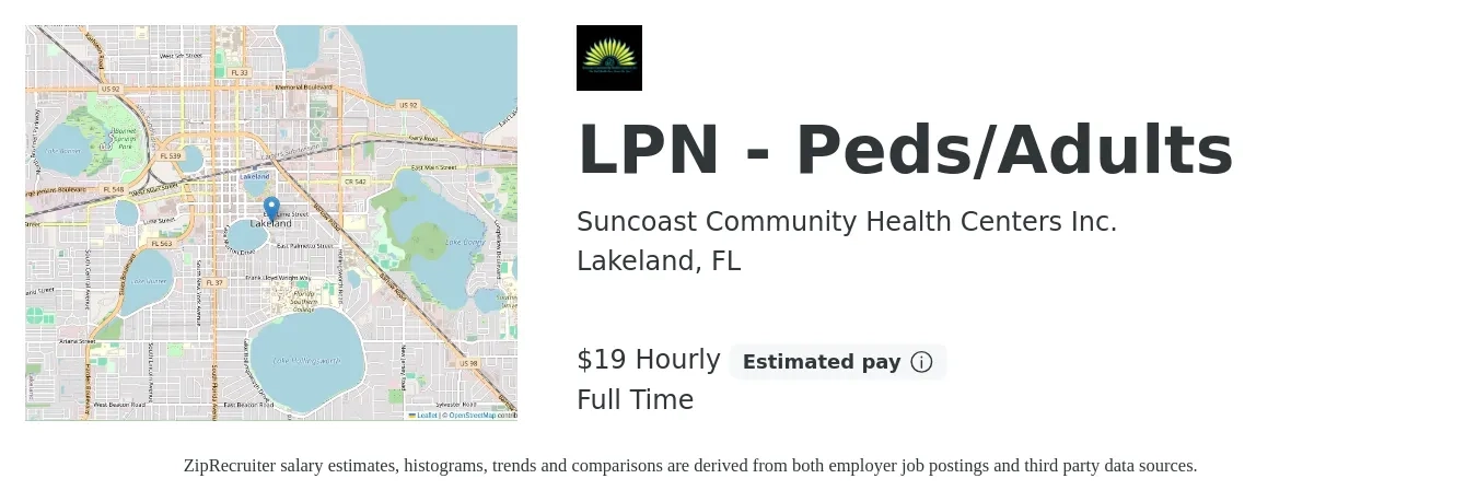 Suncoast Community Health Centers Inc. job posting for a LPN - Peds/Adults in Lakeland, FL with a salary of $20 Hourly with a map of Lakeland location.