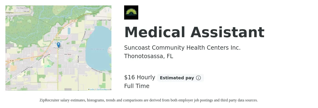 Suncoast Community Health Centers Inc. job posting for a Medical Assistant in Thonotosassa, FL with a salary of $17 Hourly with a map of Thonotosassa location.