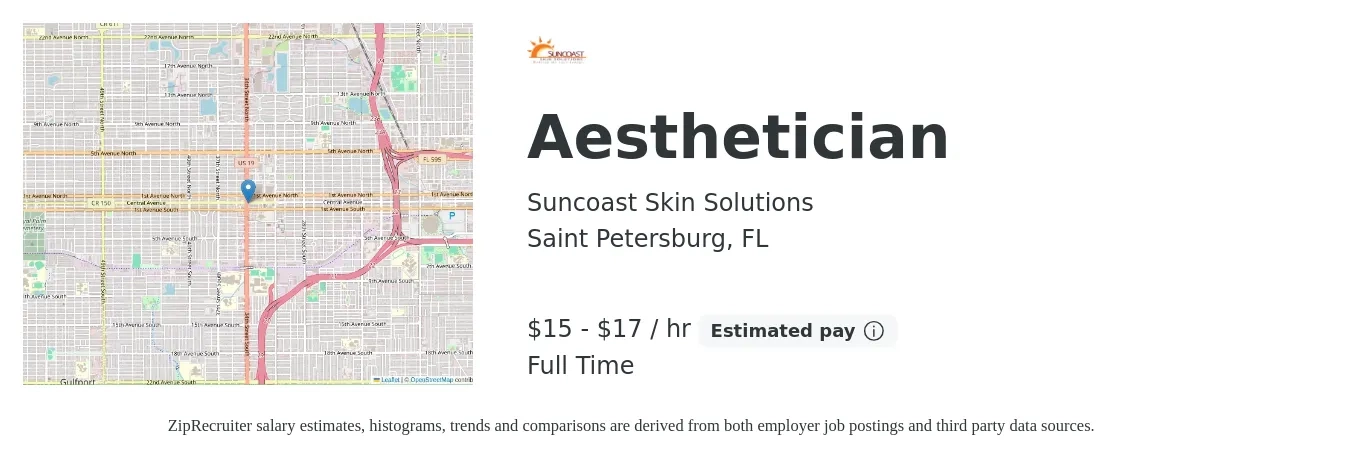 Suncoast Skin Solutions job posting for a Aesthetician in Saint Petersburg, FL with a salary of $16 to $18 Hourly with a map of Saint Petersburg location.
