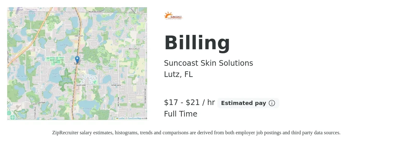 Suncoast Skin Solutions job posting for a Billing in Lutz, FL with a salary of $18 to $22 Hourly with a map of Lutz location.