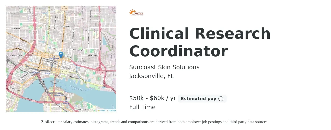 Suncoast Skin Solutions job posting for a Clinical Research Coordinator in Jacksonville, FL with a salary of $50,000 to $60,000 Yearly with a map of Jacksonville location.