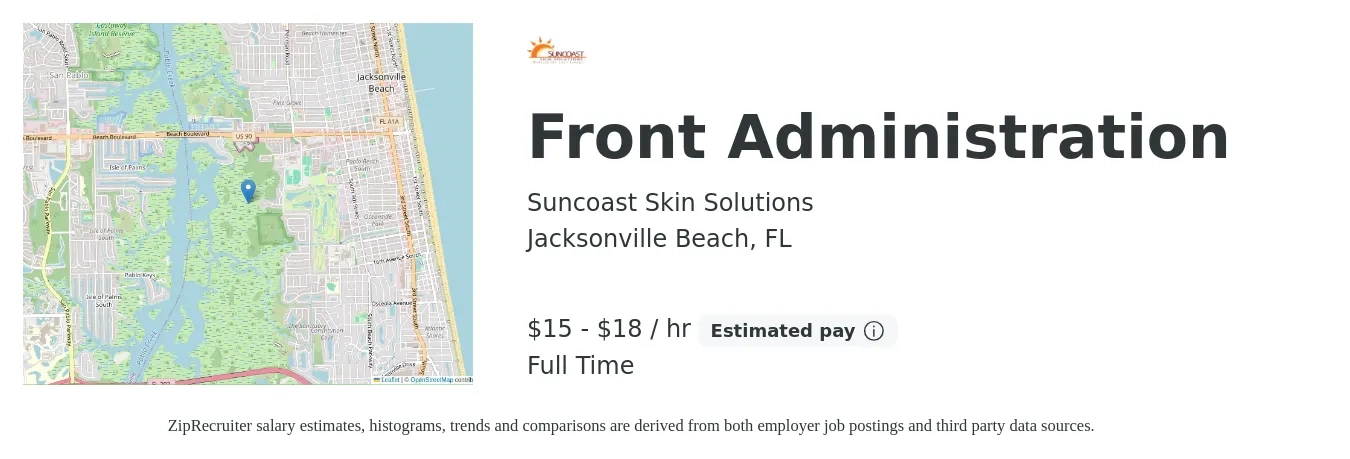 Suncoast Skin Solutions job posting for a Front Administration in Jacksonville Beach, FL with a salary of $16 to $19 Hourly with a map of Jacksonville Beach location.
