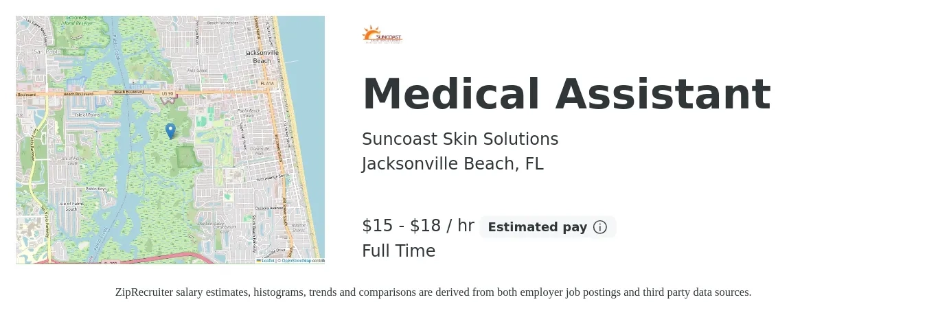 Suncoast Skin Solutions job posting for a Medical Assistant in Jacksonville Beach, FL with a salary of $16 to $20 Hourly with a map of Jacksonville Beach location.