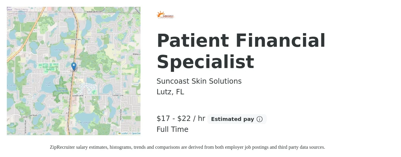 Suncoast Skin Solutions job posting for a Patient Financial Specialist in Lutz, FL with a salary of $18 to $23 Hourly with a map of Lutz location.