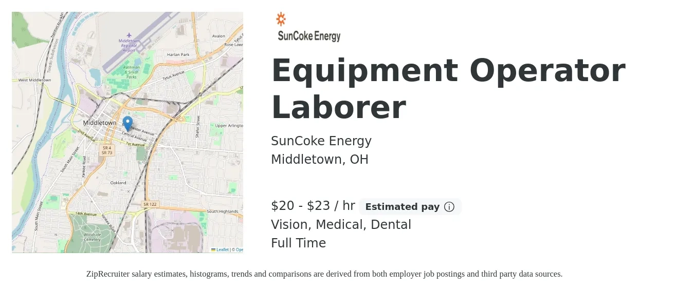 SunCoke Energy job posting for a Equipment Operator Laborer in Middletown, OH with a salary of $21 to $24 Hourly and benefits including dental, life_insurance, medical, retirement, and vision with a map of Middletown location.