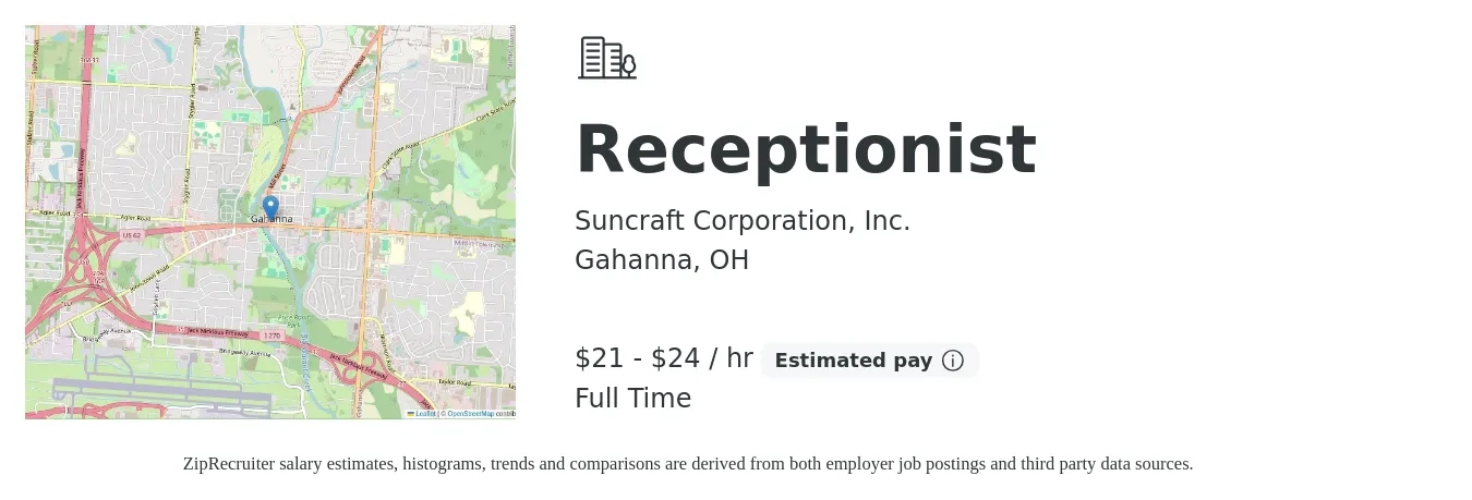 Suncraft Corporation, Inc. job posting for a Receptionist in Gahanna, OH with a salary of $22 to $25 Hourly with a map of Gahanna location.