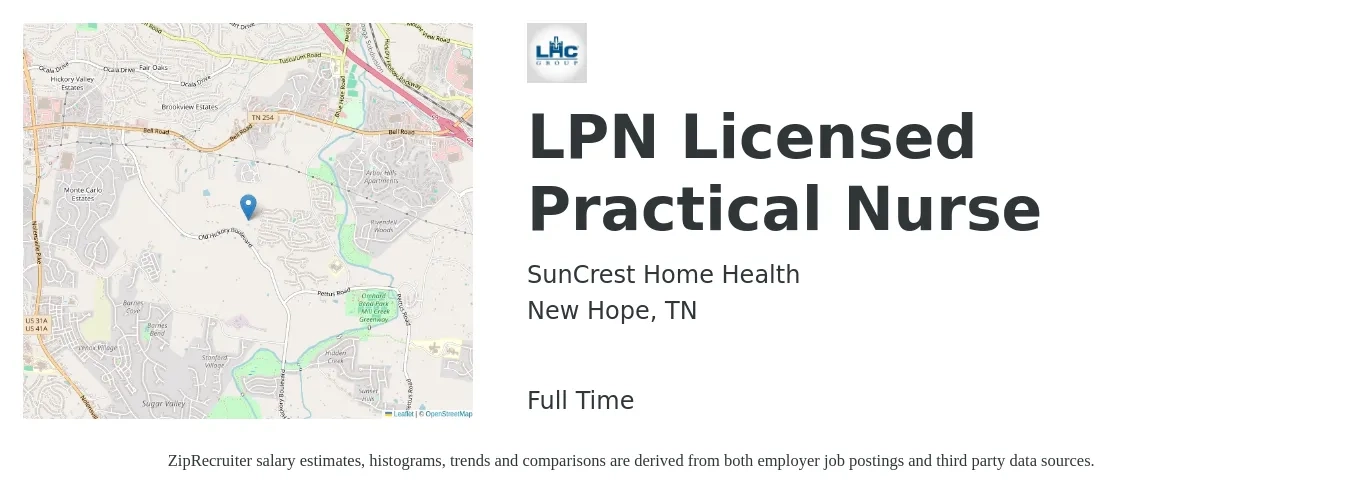 SunCrest Home Health job posting for a LPN Licensed Practical Nurse in New Hope, TN with a salary of $25 to $34 Hourly with a map of New Hope location.