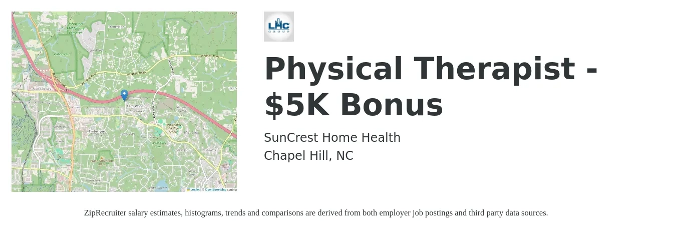 SunCrest Home Health job posting for a Physical Therapist - $5K Bonus in Chapel Hill, NC with a salary of $1,380 to $1,780 Weekly with a map of Chapel Hill location.