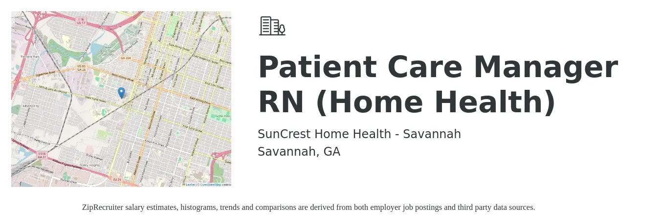 SunCrest Home Health - Savannah job posting for a Patient Care Manager (RN) - Home Health in Savannah, GA with a salary of $23 to $50 Hourly with a map of Savannah location.