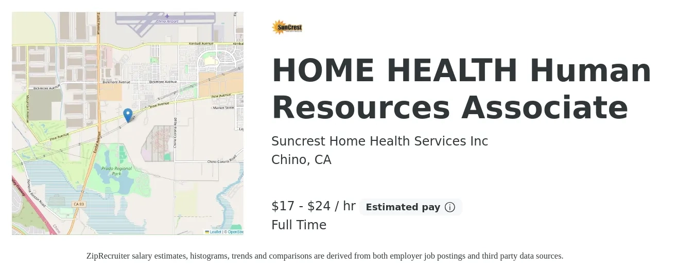 Suncrest Home Health Services Inc job posting for a HOME HEALTH Human Resources Associate in Chino, CA with a salary of $18 to $25 Hourly with a map of Chino location.