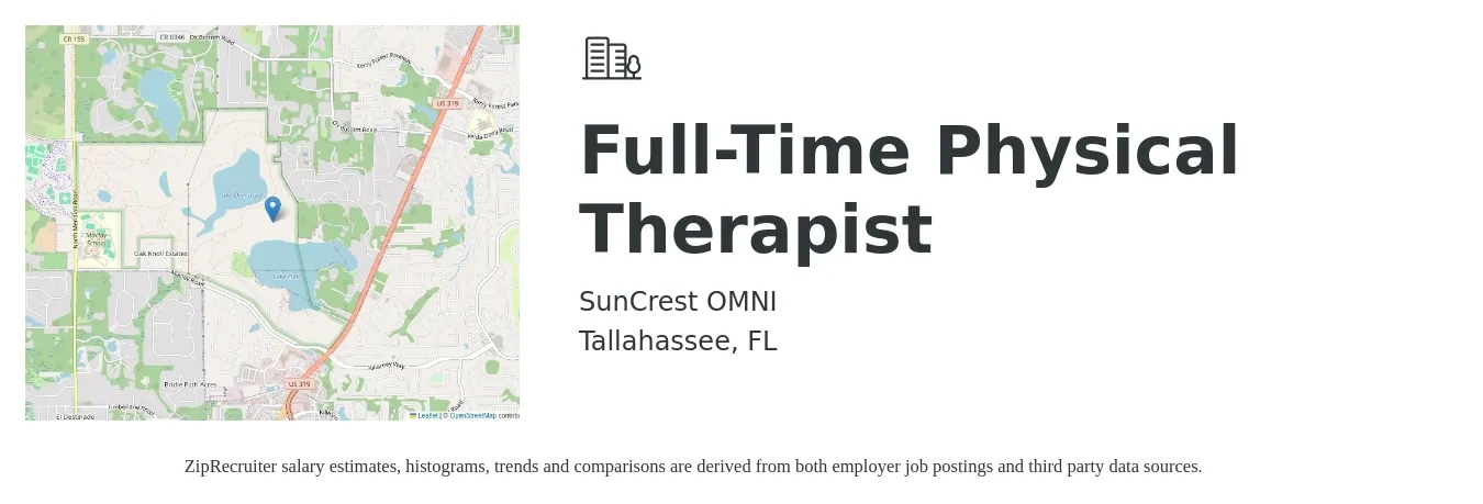 SunCrest OMNI job posting for a Full-Time Physical Therapist in Tallahassee, FL with a salary of $1,580 to $2,040 Weekly with a map of Tallahassee location.
