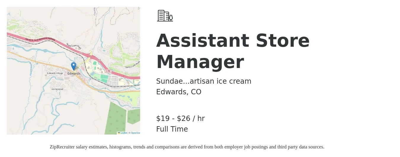 Sundae Artisan Ice Cream job posting for a Assistant Store Manager in Edwards, CO with a salary of $20 to $28 Hourly with a map of Edwards location.
