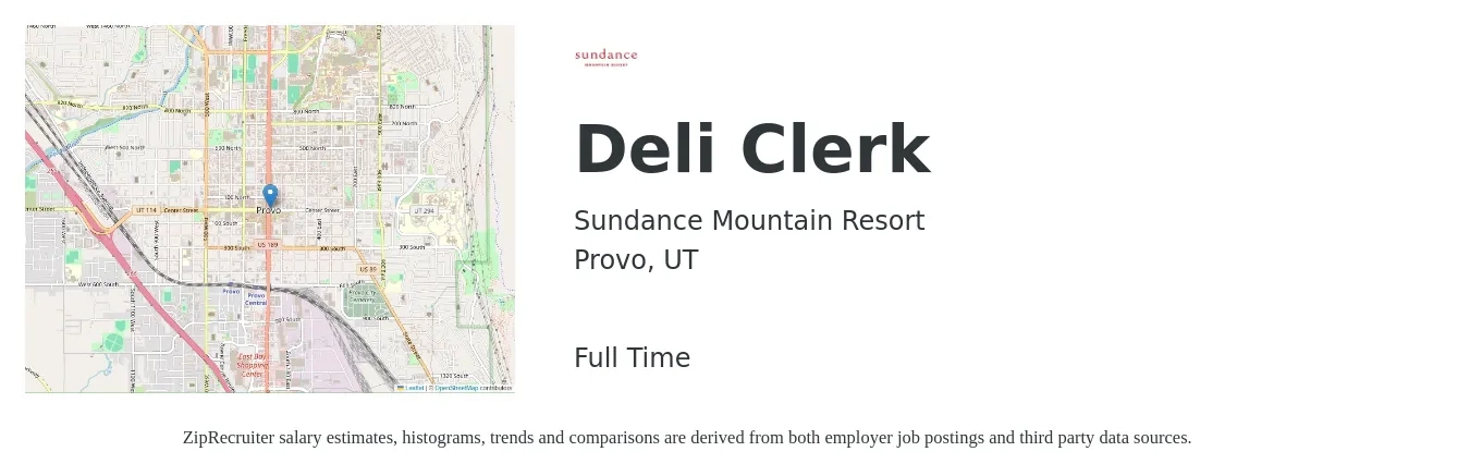 Sundance Mountain Resort job posting for a Deli Clerk in Provo, UT with a salary of $13 Hourly with a map of Provo location.
