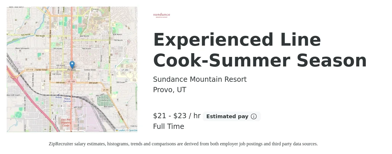Sundance Mountain Resort job posting for a Experienced Line Cook-Summer Season in Provo, UT with a salary of $22 to $24 Hourly with a map of Provo location.