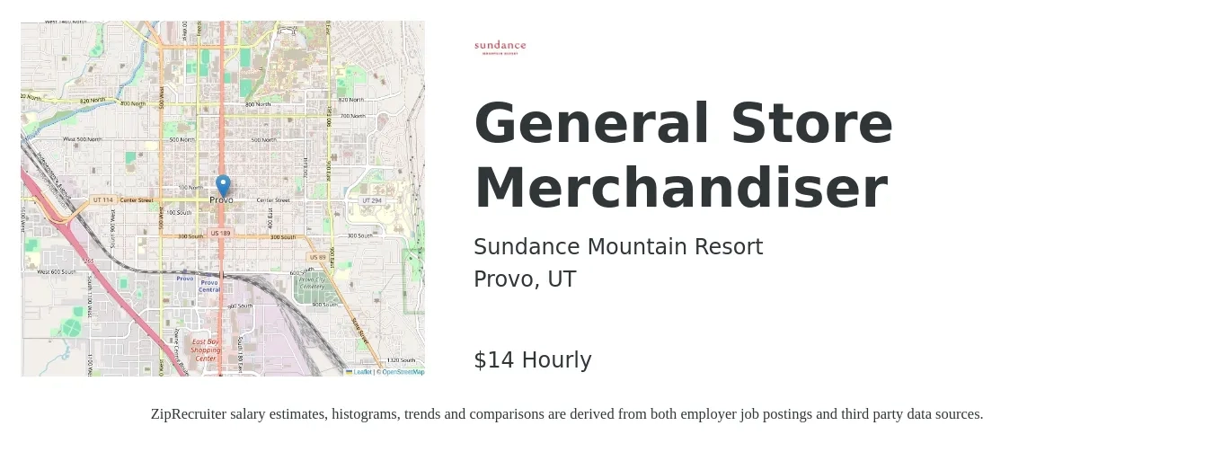 Sundance Mountain Resort job posting for a General Store Merchandiser in Provo, UT with a salary of $15 Hourly with a map of Provo location.