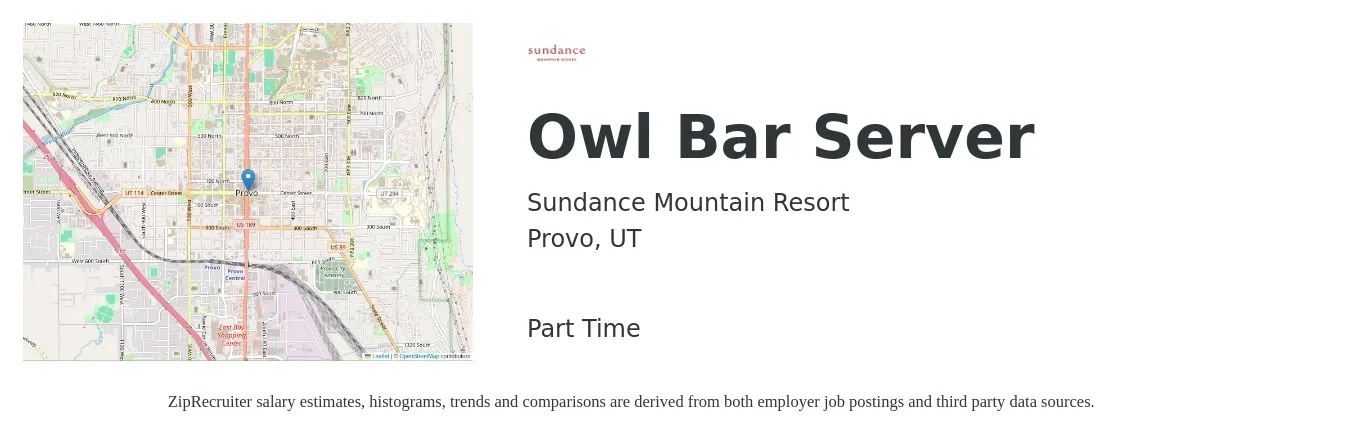 Sundance Mountain Resort job posting for a Owl Bar Server in Provo, UT with a salary of $10 to $17 Hourly with a map of Provo location.