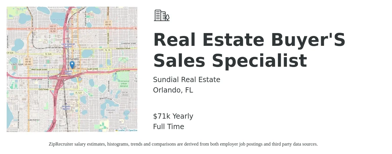 Sundial Real Estate job posting for a Real Estate Buyer'S Sales Specialist in Orlando, FL with a salary of $71,500 Yearly with a map of Orlando location.