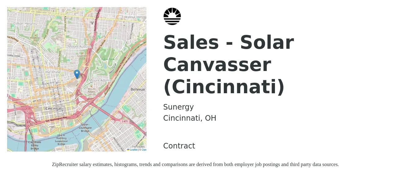 Sunergy job posting for a Sales - Solar Canvasser (Cincinnati) in Cincinnati, OH with a salary of $20 to $24 Hourly with a map of Cincinnati location.