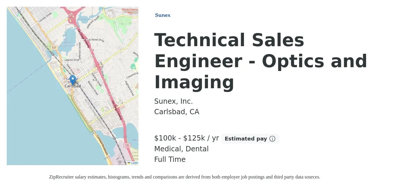Sunex, Inc. job posting for a Technical Sales Engineer - Optics and Imaging in Carlsbad, CA with a salary of $100,000 to $125,000 Yearly (plus commission) and benefits including retirement, dental, and medical with a map of Carlsbad location.