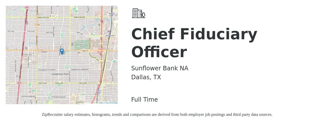 Sunflower Bank NA job posting for a Chief Fiduciary Officer in Dallas, TX with a salary of $104,200 to $172,900 Yearly with a map of Dallas location.
