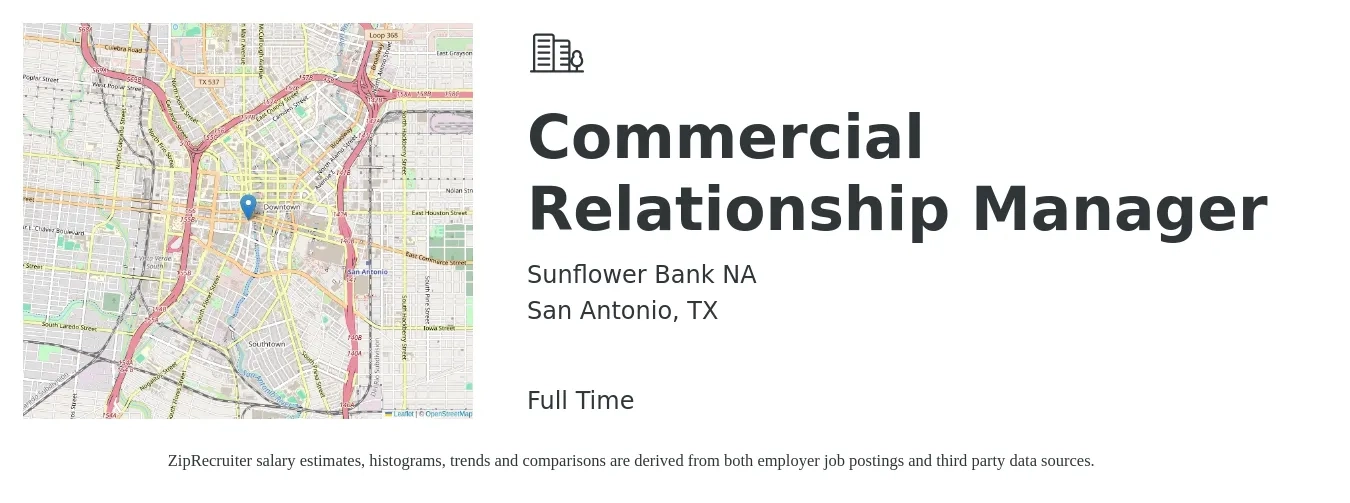 Sunflower Bank NA job posting for a Commercial Relationship Manager in San Antonio, TX with a salary of $76,700 to $135,300 Yearly with a map of San Antonio location.