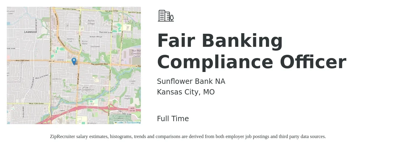 Sunflower Bank NA job posting for a Fair Banking Compliance Officer in Kansas City, MO with a salary of $56,800 to $106,300 Yearly with a map of Kansas City location.