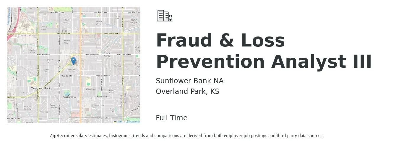 Sunflower Bank NA job posting for a Fraud & Loss Prevention Analyst III in Overland Park, KS with a salary of $22 to $35 Hourly with a map of Overland Park location.