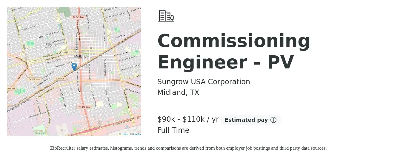 Sungrow USA Corporation job posting for a Commissioning Engineer - PV in Midland, TX with a salary of $90,000 to $110,000 Yearly with a map of Midland location.