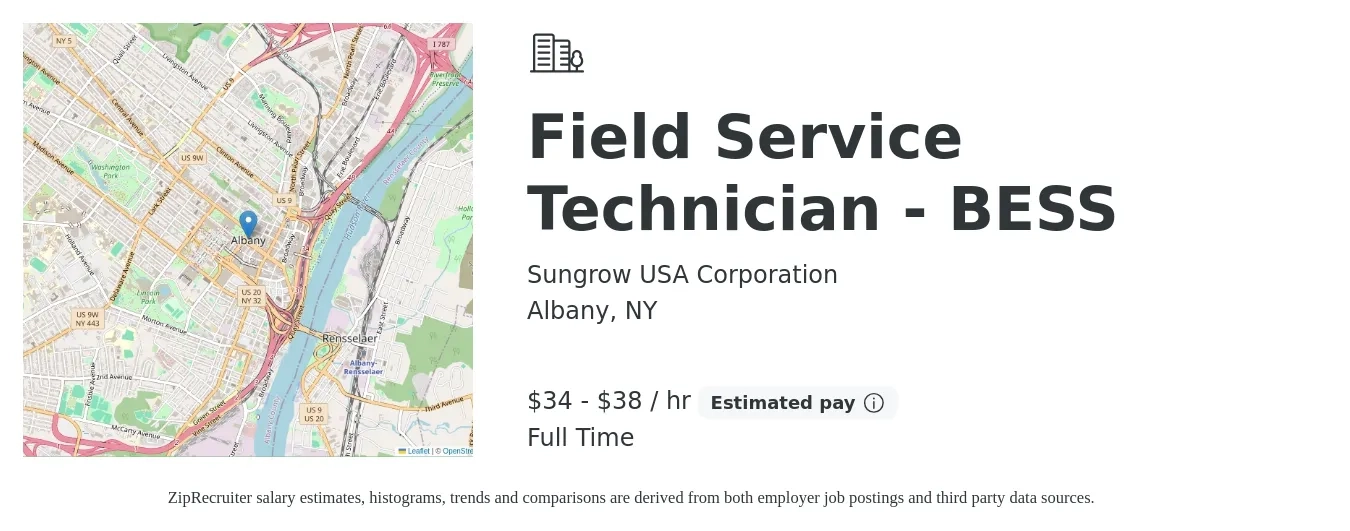 Sungrow USA Corporation job posting for a Field Service Technician - BESS in Albany, NY with a salary of $36 to $40 Hourly with a map of Albany location.