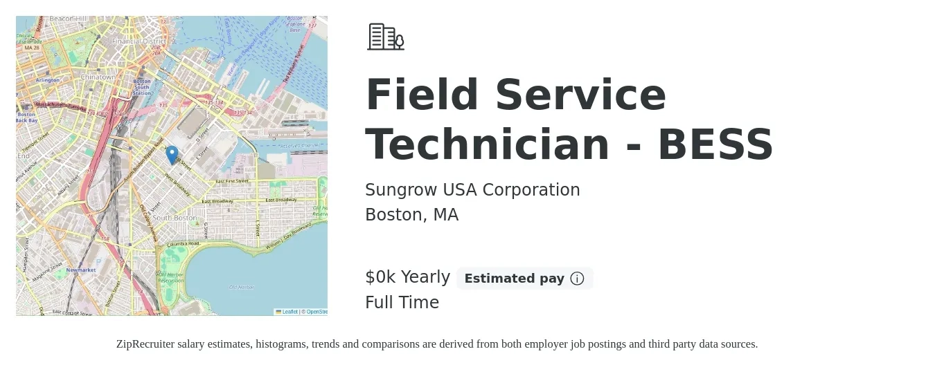 Sungrow USA Corporation job posting for a Field Service Technician - BESS in Boston, MA with a salary of $36 to $40 Hourly with a map of Boston location.