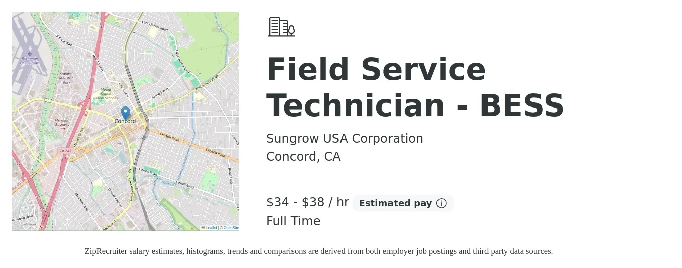 Sungrow USA Corporation job posting for a Field Service Technician - BESS in Concord, CA with a salary of $36 to $40 Hourly with a map of Concord location.