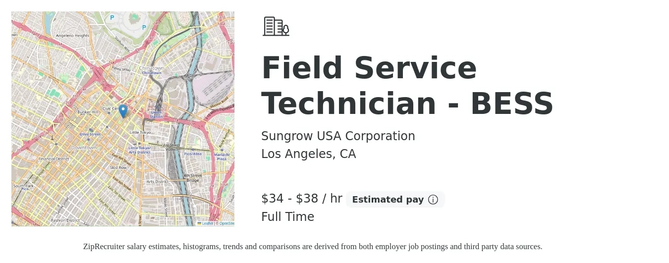 Sungrow USA Corporation job posting for a Field Service Technician - BESS in Los Angeles, CA with a salary of $36 to $40 Hourly with a map of Los Angeles location.