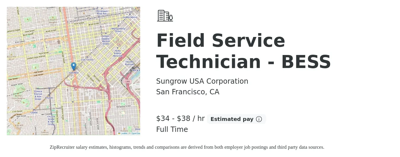 Sungrow USA Corporation job posting for a Field Service Technician - BESS in San Francisco, CA with a salary of $36 to $40 Hourly with a map of San Francisco location.