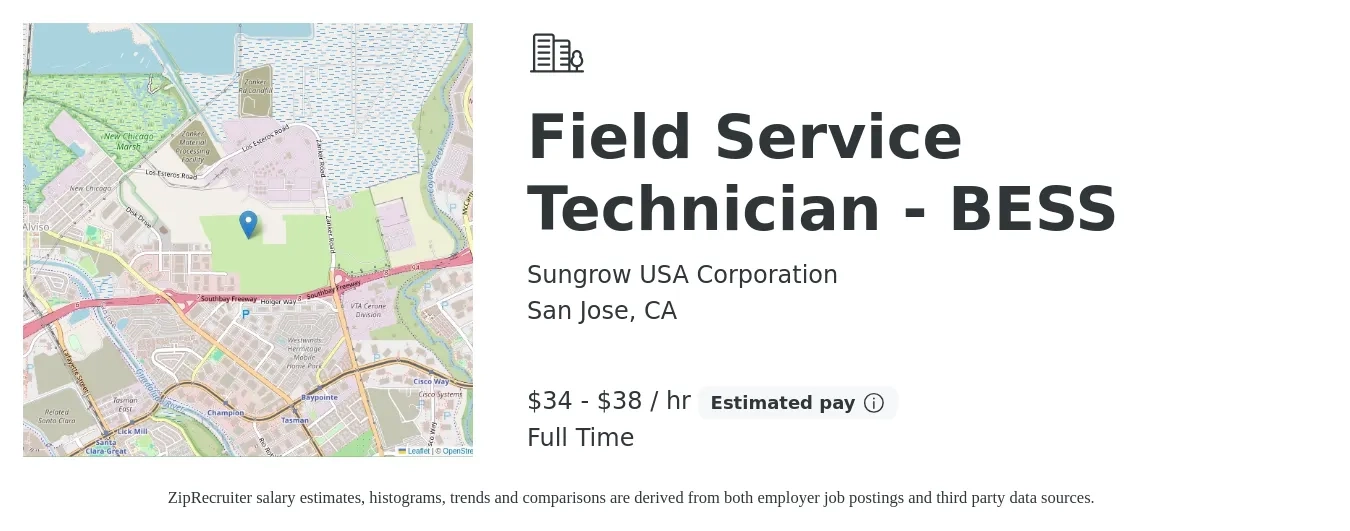 Sungrow USA Corporation job posting for a Field Service Technician - BESS in San Jose, CA with a salary of $36 to $40 Hourly with a map of San Jose location.