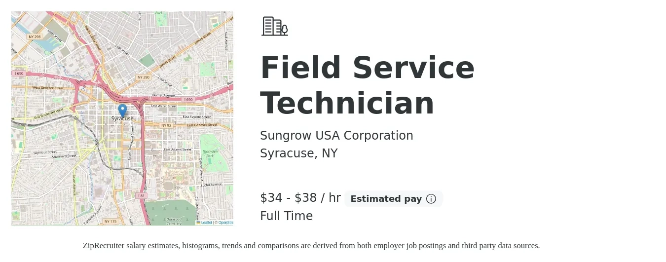 Sungrow USA Corporation job posting for a Field Service Technician in Syracuse, NY with a salary of $36 to $40 Hourly with a map of Syracuse location.