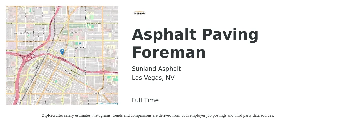 Sunland Asphalt job posting for a Asphalt Paving Foreman in Las Vegas, NV with a salary of $28 to $42 Hourly with a map of Las Vegas location.