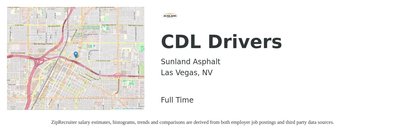 Sunland Asphalt job posting for a CDL Drivers in Las Vegas, NV with a salary of $24 to $42 Hourly with a map of Las Vegas location.