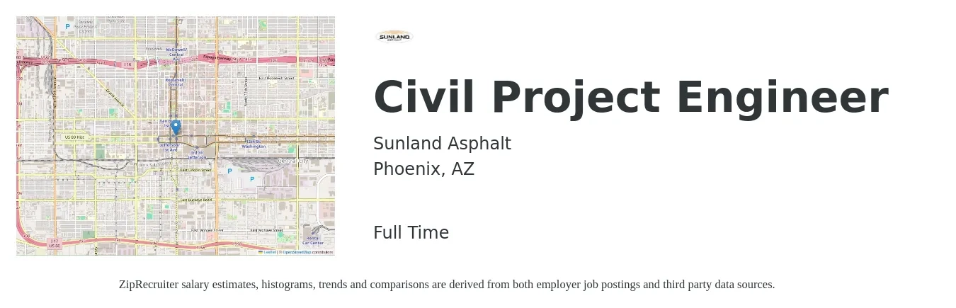 Sunland Asphalt job posting for a Civil Project Engineer in Phoenix, AZ with a salary of $81,200 to $108,400 Yearly with a map of Phoenix location.