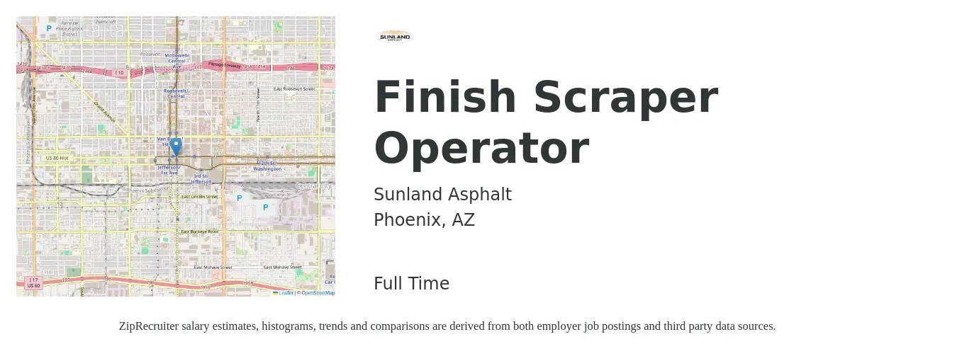 Sunland Asphalt job posting for a Finish Scraper Operator in Phoenix, AZ with a salary of $25 to $29 Hourly with a map of Phoenix location.