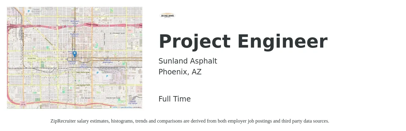 Sunland Asphalt job posting for a Project Engineer in Phoenix, AZ with a salary of $70,700 to $98,800 Yearly with a map of Phoenix location.