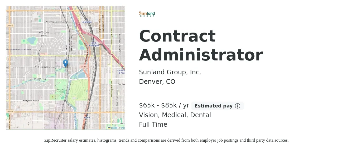 Sunland Group, Inc. job posting for a Contract Administrator in Denver, CO with a salary of $65,000 to $85,000 Yearly and benefits including dental, life_insurance, medical, pto, retirement, and vision with a map of Denver location.