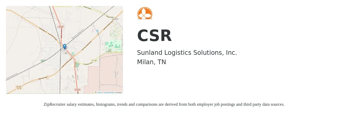 Sunland Logistics Solutions, Inc. job posting for a CSR in Milan, TN with a salary of $13 to $18 Hourly with a map of Milan location.