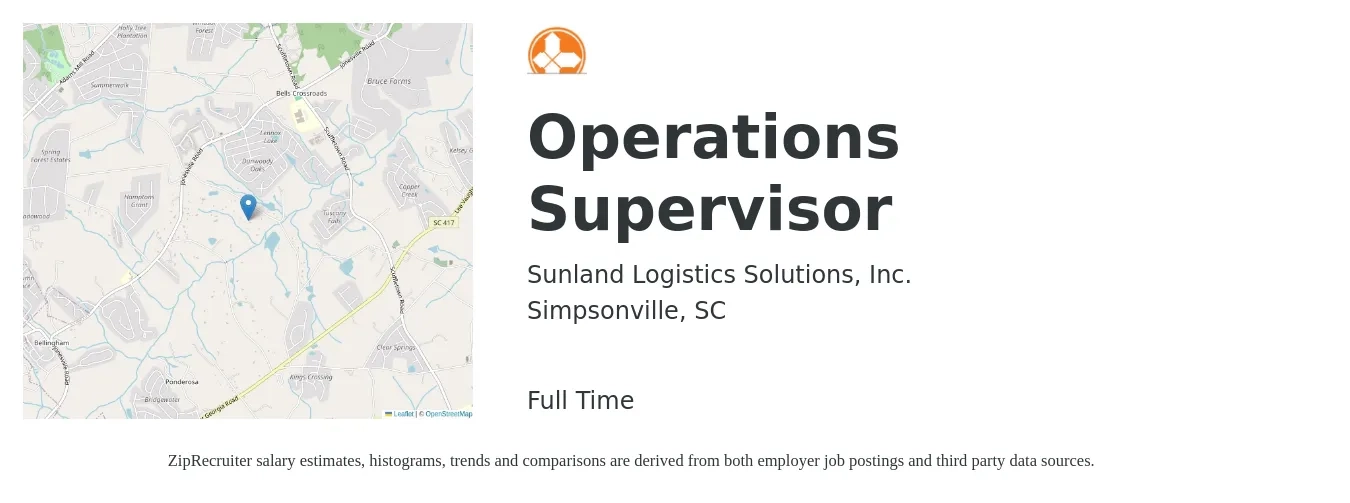 Sunland Logistics Solutions, Inc. job posting for a Operations Supervisor in Simpsonville, SC with a salary of $36,300 to $68,700 Yearly with a map of Simpsonville location.