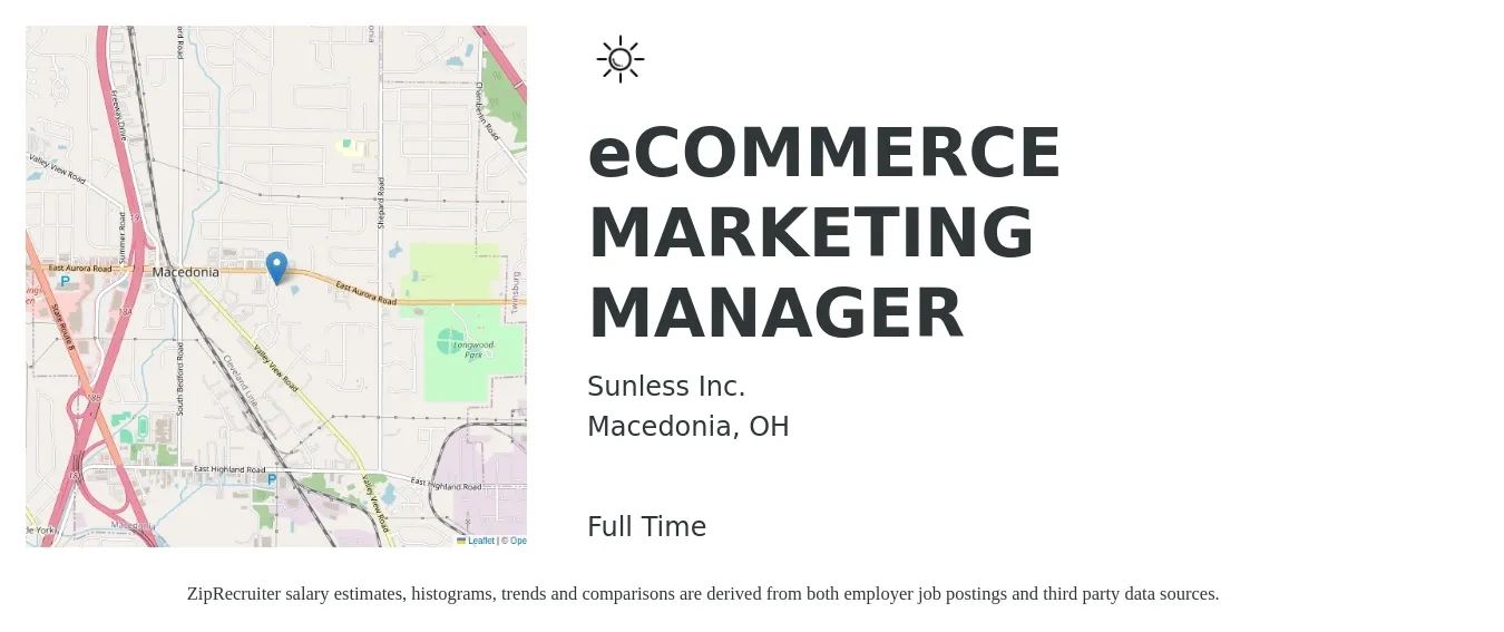 Sunless Inc. job posting for a eCOMMERCE MARKETING MANAGER in Macedonia, OH with a salary of $56,400 to $94,200 Yearly with a map of Macedonia location.