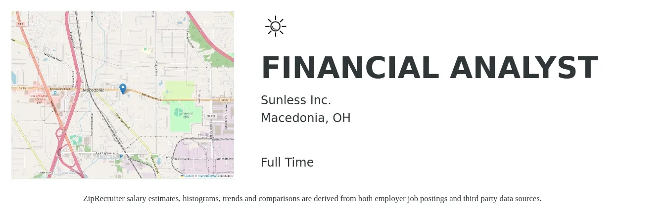 Sunless Inc. job posting for a FINANCIAL ANALYST in Macedonia, OH with a salary of $63,100 to $99,700 Yearly with a map of Macedonia location.