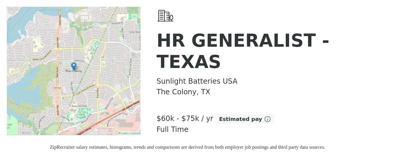 Sunlight Batteries USA job posting for a HR GENERALIST - TEXAS in The Colony, TX with a salary of $60,000 to $75,000 Yearly with a map of The Colony location.