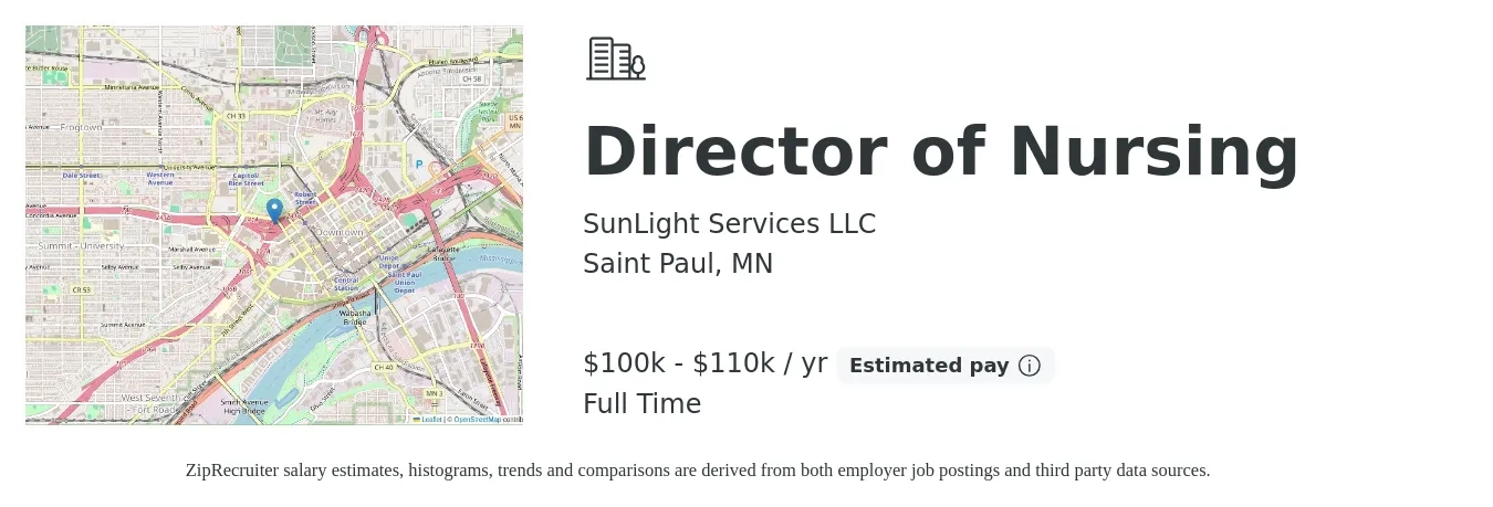SunLight Services LLC job posting for a Director of Nursing in Saint Paul, MN with a salary of $100,000 to $110,000 Yearly with a map of Saint Paul location.